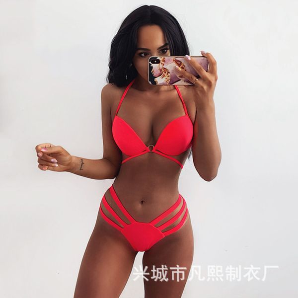 

2021 sumaton pure color bikini women' split swimsuit 6005#, Red;black