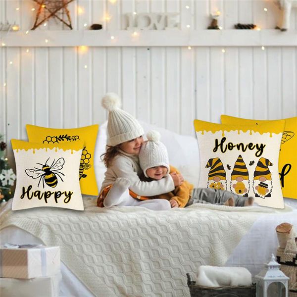 

pillow case 4pcs yellow bee festival linen hugging cover home decoration sofa cushion pillowcases