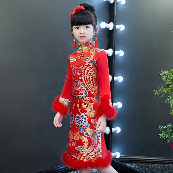 

winter dress kids girls oriental chinese traditional costumes vintage cheongsams for wedding party year qipao ethnic clothing, Red