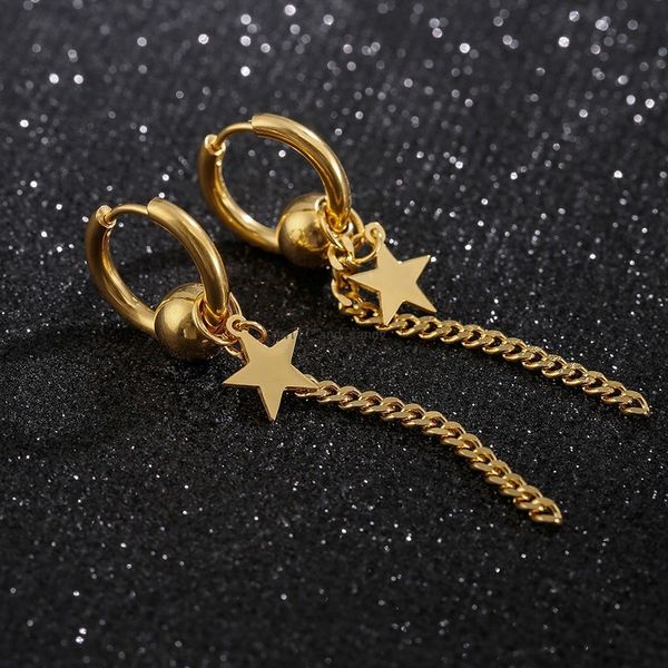 

stainless steel star chain earrings gold hiphop pentagram tassel hoop earring women men body fashion jewelry will and sandy, Silver