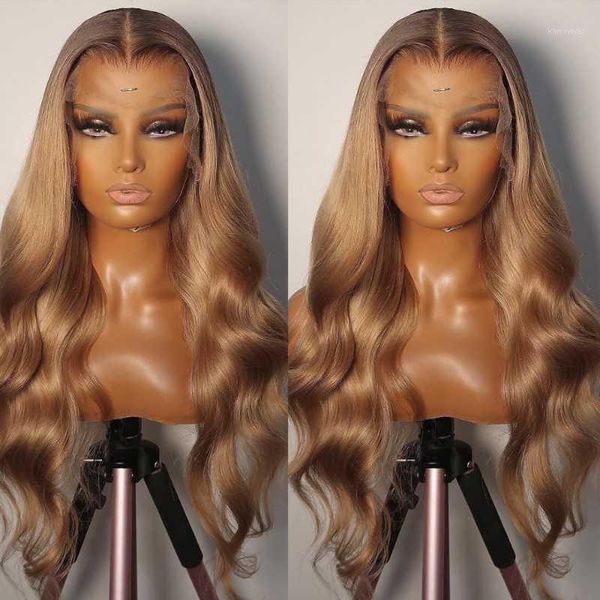 

200% colored human hair wigs brown blonde hd lace body wave remy plucked ombre t part front wig bleached knots1, Black;brown