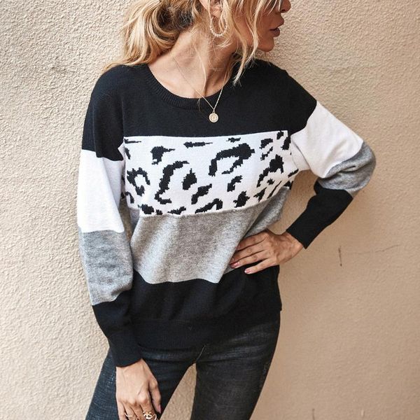 

women's sweaters women sweater fashion casual loose full-sleeve stitching leopard print o neck blouse female knitwear jumper autumn win, White;black