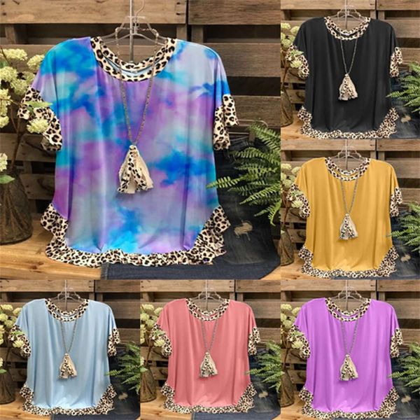 

t-shirt women's color block printed leopard casual crew neck tlc9, White