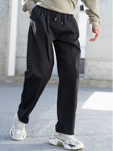 

men drawstring waist slant pocket pants j5d3#, Black