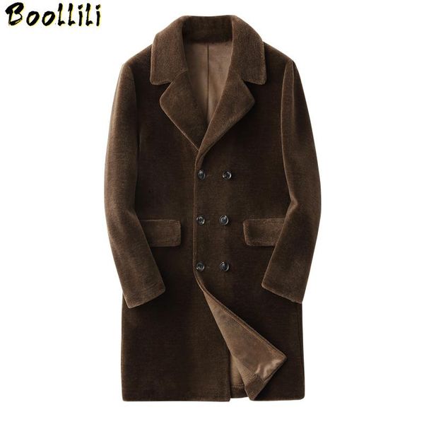 

men's leather & faux boollili real fur coat autumn winter jacket men long sheep shearing 100% wool coats plus size 5xl, Black