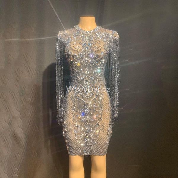 

casual dresses silver rhinestones black fringes see through birthday celebrate dress prom outfit bar women dance transparent, Black;gray