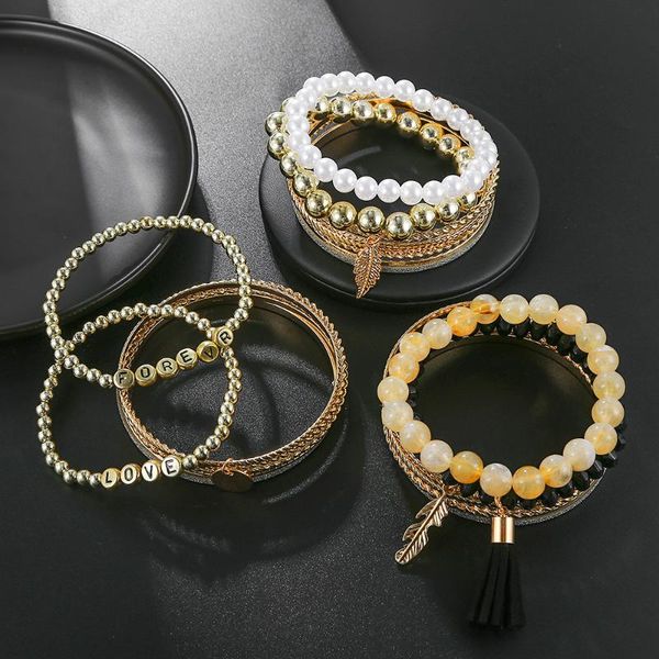 

charm bracelets trendy 7pcs bangle set wire with charms punk gold metal texture bead for women bohemian jewelry, Golden;silver