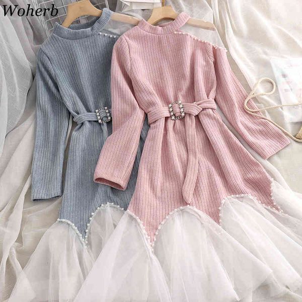 

elegant knitted sweater dress women mesh patchwork off shoulder beading dresses autumn casual belt vestidos 210417, Black;gray