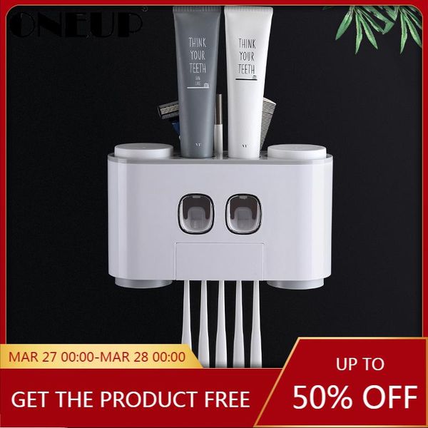 

toothbrush holders oneup automatic toothpaste dispenser dust-proof holder with cups no nail wall stand shelf bathroom accessories sets