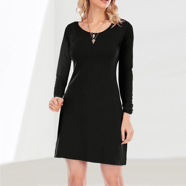 

casual dresses women's dress long sleeve solid mini vestidos woman summer clothes for round neck a-line traf-robe femme, Black;gray