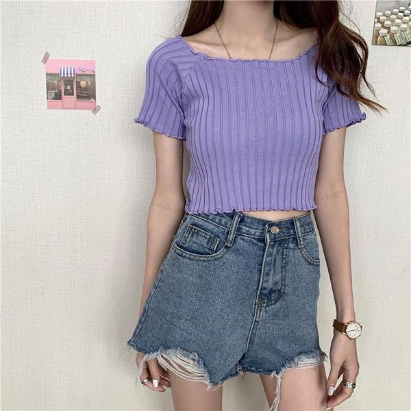 

women's t-shirt slim all-match striped lace short sleeve, White