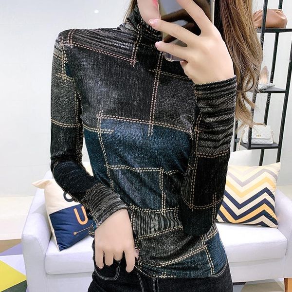 

women's t-shirt 2021 autumn winter high-neck long-sleeved velvet bottoming shirt streetwear turtleneck plaid female t-shirts bodycon la, White