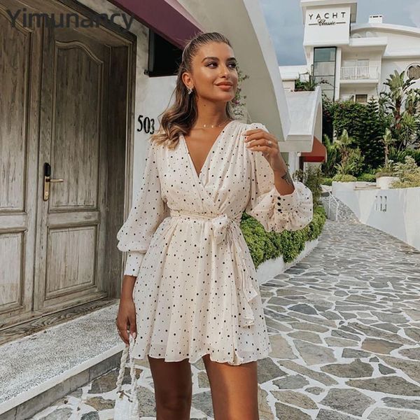 

casual dresses yimunancy dot chiffon dress women long sleeve boho autumn ladies v neck bow elegant robes, Black;gray