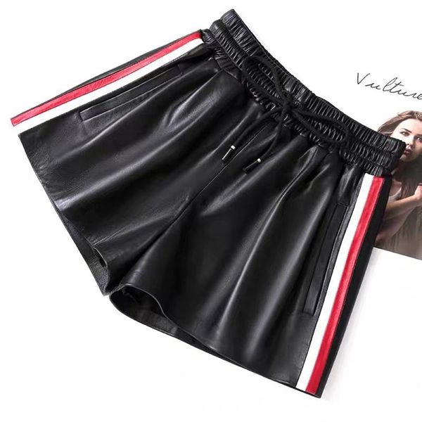 

women's shorts genuine sheepskin women fashion loose boots pants elastic high waist wide leg pantalon all-match trend pantacourt femme, White;black