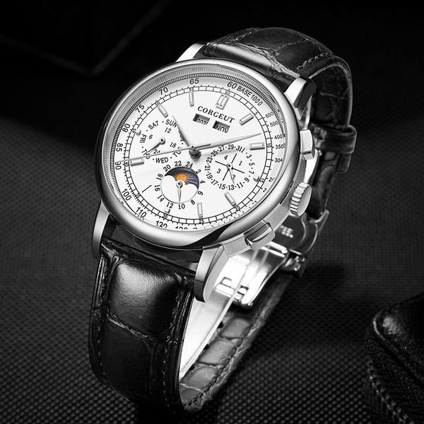 

wristwatches brand men's automatic mechanical watch leather strap 50m waterproof clock genuine, Slivery;brown