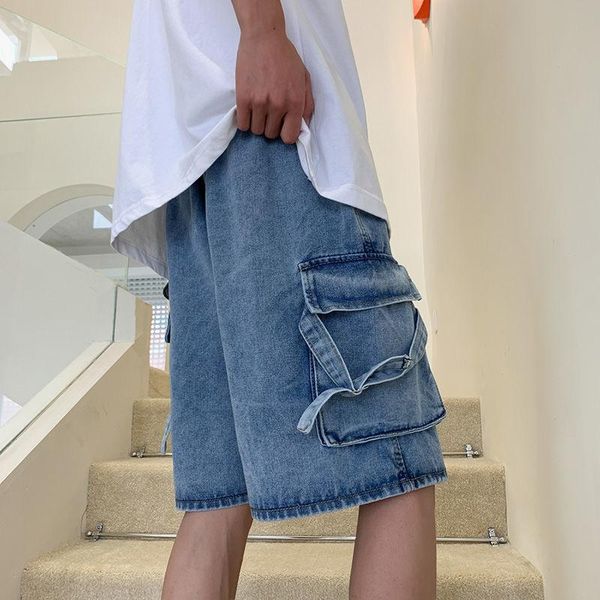 

men's jeans retro washed summer sports wide-leg straight shorts oversize trend loose big pocket denim pants plus size overalls street, Blue