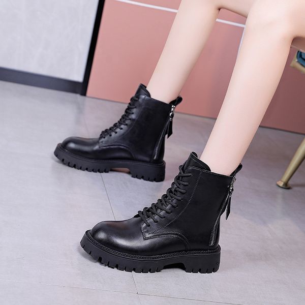 

first layer cowhide martin women's 2021 spring and autumn thick soled high single versatile british short thin boots, Black