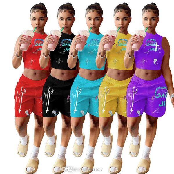 

women casual tracksuits summer two pieces outfits 2021 designer fashion simple style printing sleeveless vest shorts jogger suit 5 colors, Gray