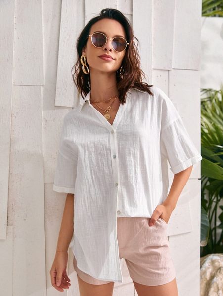 

button up drop shoulder tunic blouse z3lt#, White
