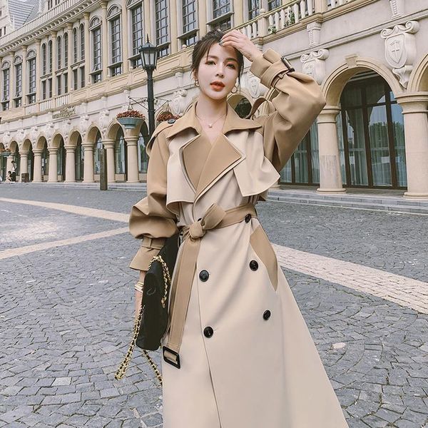 

women's trench coats [ewq] coat outwear ladies loose mid-length stitching contrast overcoat women windbreaker 2021 autumn sprin, Tan;black