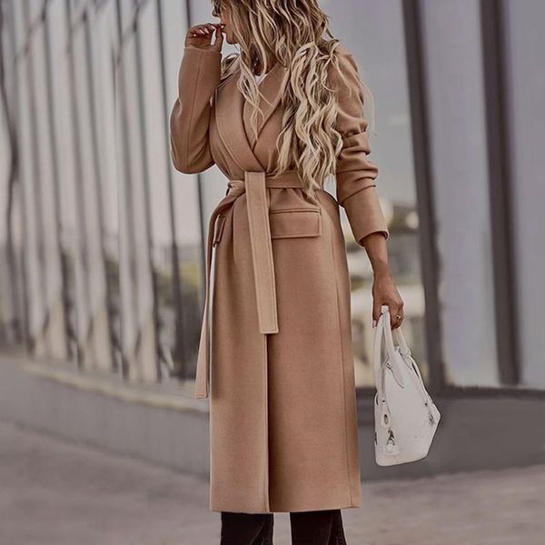 

women's wool & blends women turn-down collar button with belt woolen coat autumn winter long sleeve pocket jacket elegant office lady, Black