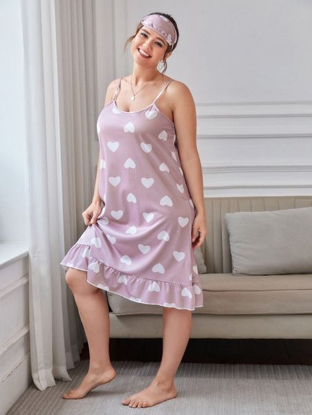 

plus allover heart print cami night dress with eye cover f3at#, Black;white