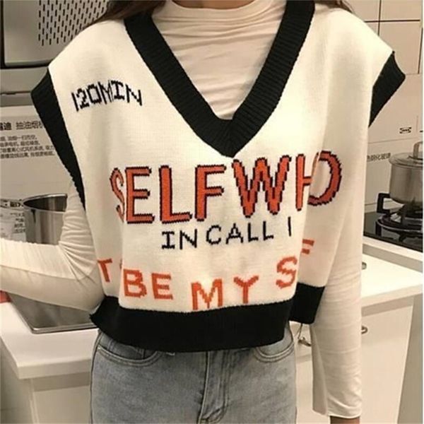 

women's vests women casual tank autumn korean style chic letter v neck knitted sweater vest pullover short oversized waistcoat t505 si, Black;white