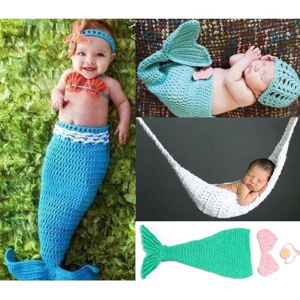 Bikini Neugeborene Kleidung Meerjungfrau Geburtstag Foto Kostüme Baby Decken Häkeln Mädchen Schlafsack Sack Swaddling Haarband 210413