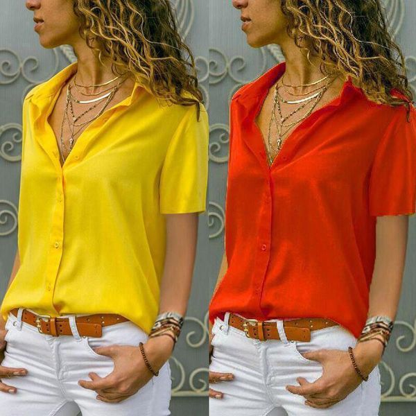 

solid white office women shirt work chiffon button summer short sleeve yellow red plus size shirts
