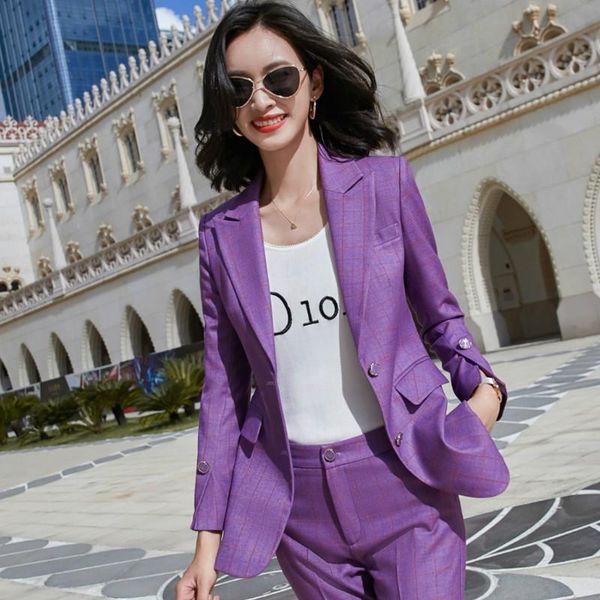 

women's plus size autumn and winter female pants suit two-piece ladies office plaid jacket casual trousers two piece, White