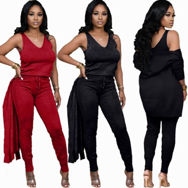 

women's two piece pants somoshein urban casual women three sets slim sleeveless vest tracksuits solid color pant suits fall clothes ens, White