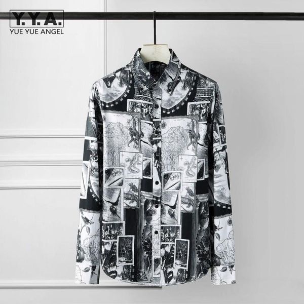 

autumn mens casual shirts personality printed long sleeve turn-down collar slim single breasted designer shirt fashion men's, White;black