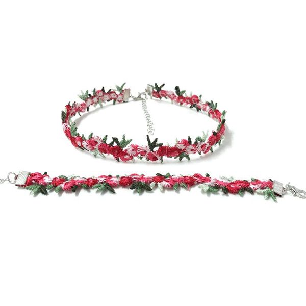 

earrings & necklace embroidery choker for women flower charm adjustable short with floral bracelet girls party female jewelry, Silver