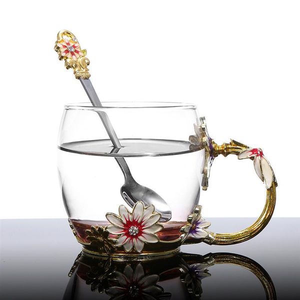 

mugs 1 set enamel flower cup tea glass thickened water with handgrip 320ml