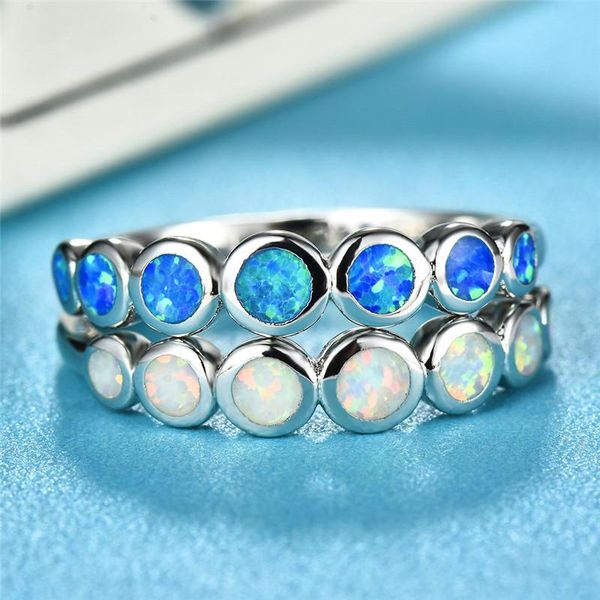 

wedding rings boho female small round finger ring 925 sterling silver blue white fire opal stone promise engagement for women, Slivery;golden