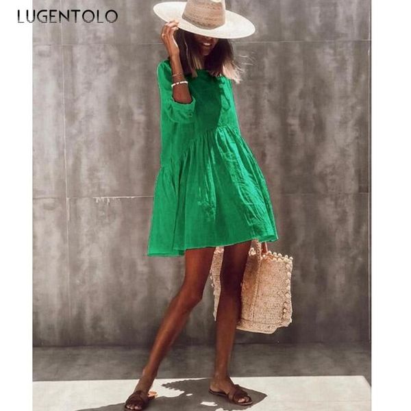 

casual dresses lugentolo summer dress women fashion solid three quarter o-neck a-line polyester, Black;gray
