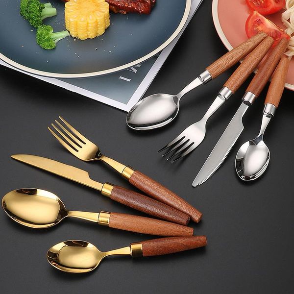 

dinnerware sets 1/4pcs stainless steel cutlery tableware set with wooden handle dinner spoon knife fork for home kitchen utensils