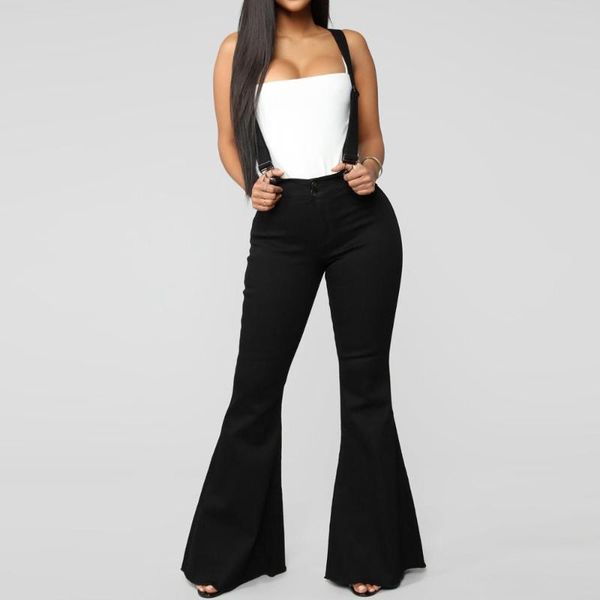 

women's jeans high waist zipper women button strap flare pants trousers bell-bottom denim overalls plus size slim stretch ed, Blue