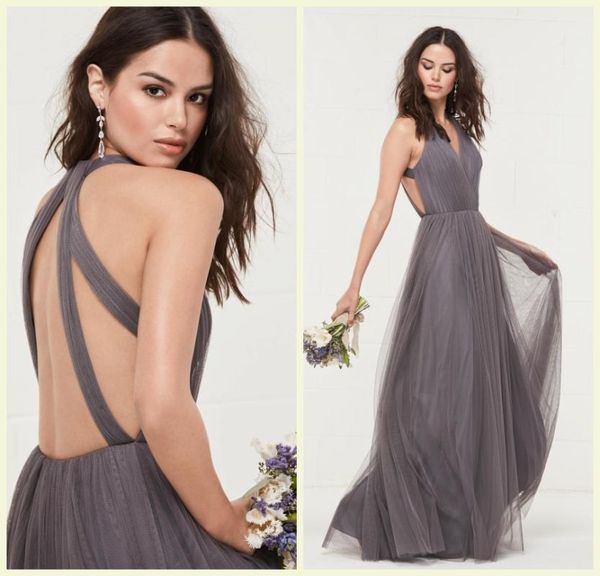 

party dresses gray backless evening deed v-neck cut long a-line tulle formal gowns for homcecoming, White;black
