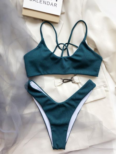 

women's swimwear beautiful back high waist dark green white bikini summer 2021 split two-piece ladies beach swimsuit, White;black