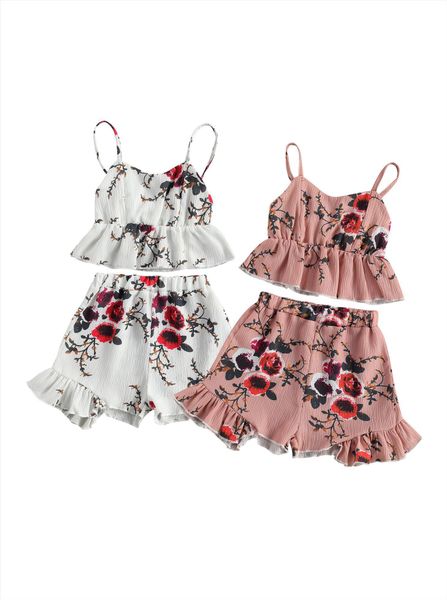 

summer kids toddler girls flower print outfits sleeveless strap v neck ruffle shorts clothes set, White