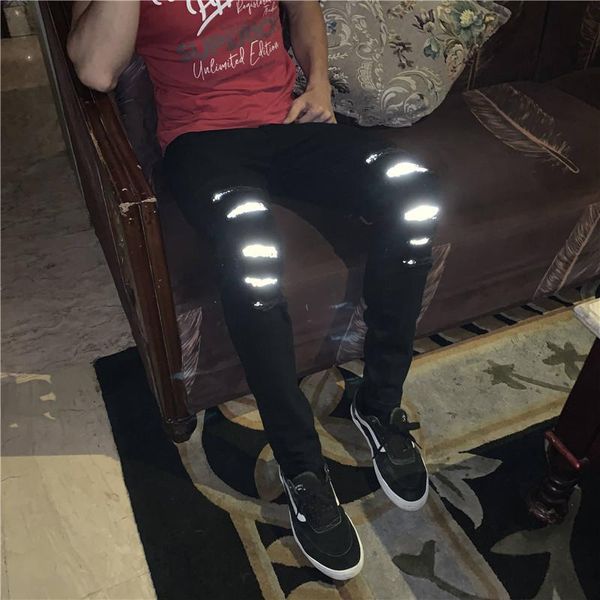 

men's jeans 2021 men ripped reflective streetwear hip hop skinny biker fashion man black stretch cotton holes jogger denim pants, Blue