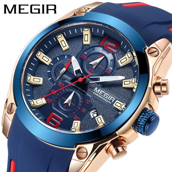 

wristwatches megir sport watch men blue silicone chronograph quartz man watches clock wristwatch relogio masculino reloj hombre, Slivery;brown