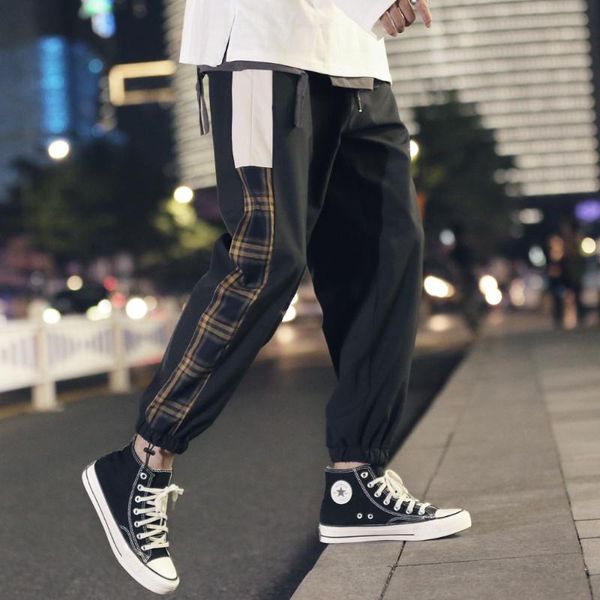 

autumn men's casual pants tide male fashion streetwear baggy joggers plaid sweatpants pantalon homme men clothing bc50xxk, Black