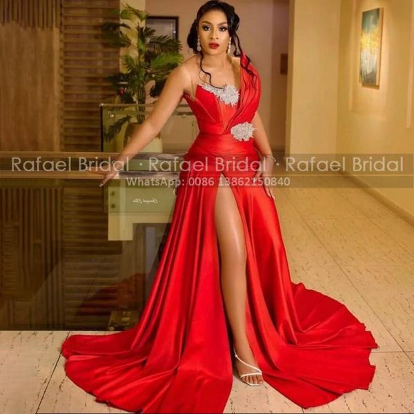

party dresses high split a line prom with white appliques strapless court train long red carpet evening dress celebrity gown, White;black