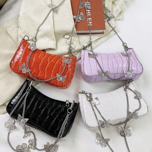 

evening bags women's bag butterfly chain stone pattern pu leather shoulder underarm female handbags solid color small purse