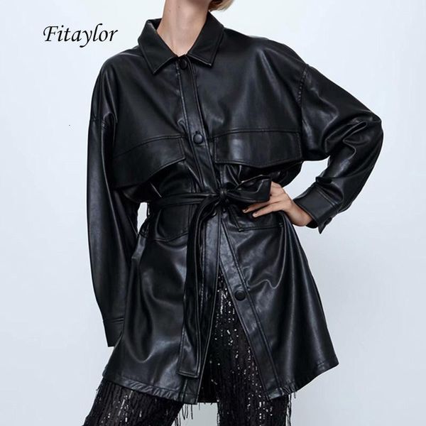 

women's leather & faux fitaylor women black pu jacket bow tie sashes pockets split coat female oversized street soft punk overcoat