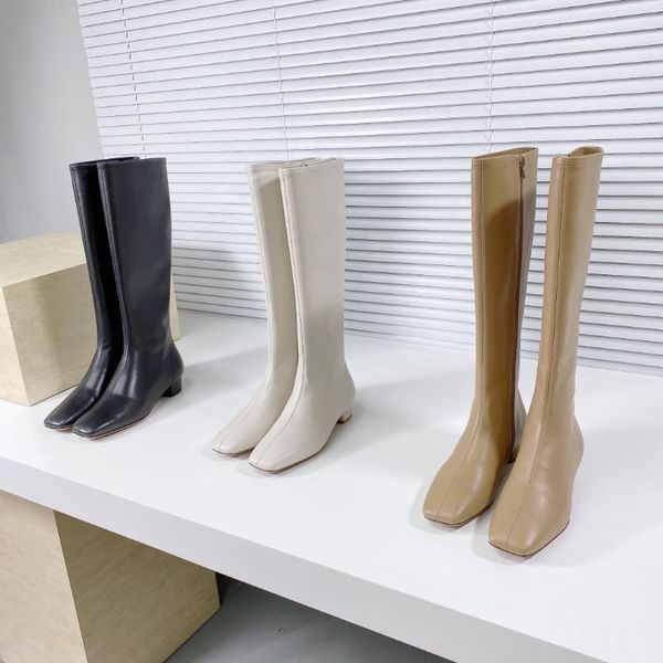 

boots low heels women knee-high square zipper gesigner shoes autumn female booties genuine leather zapatillas mujer, Black