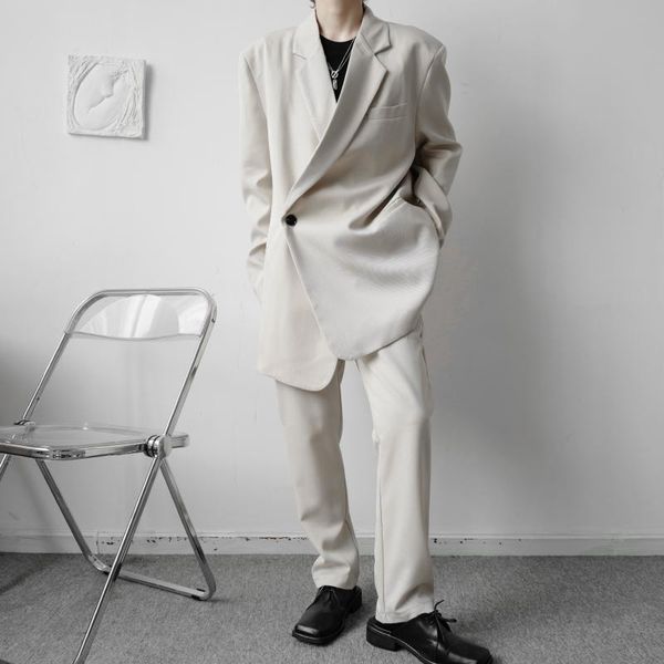 

men's suits & blazers sets jacket pant korean style niche design japanese streetwear vintage loose casual suit blazer male, White;black