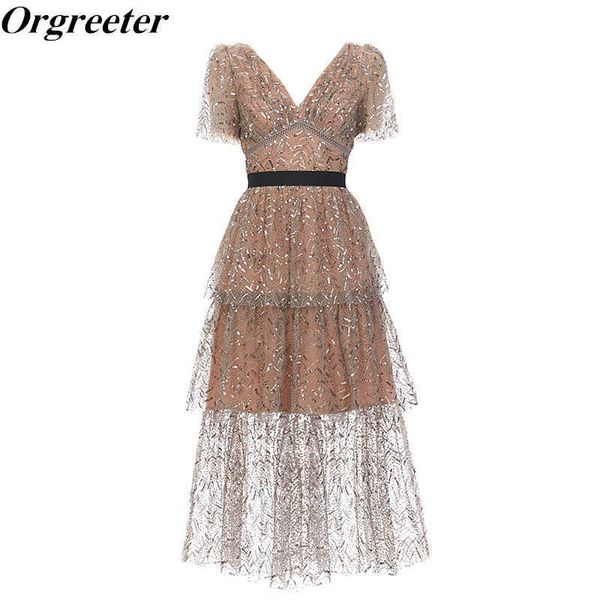

brand design embroidered sequins summer long dress for women retro v neck waist lace patchwork party 210525, Black;gray